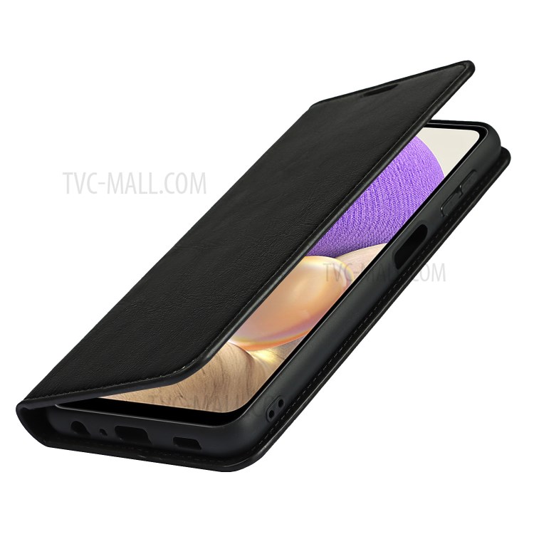 Full Protective Crazy Horse Skin Genuine Leather Wallet Phone Case with Stand for Samsung Galaxy A32 5G - Black-7