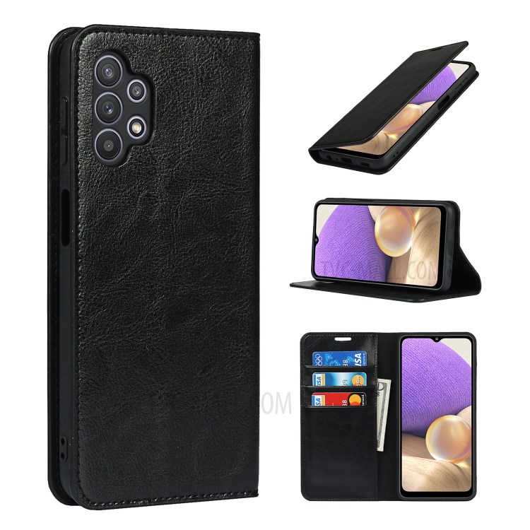 Full Protective Crazy Horse Skin Genuine Leather Wallet Phone Case with Stand for Samsung Galaxy A32 5G - Black-9