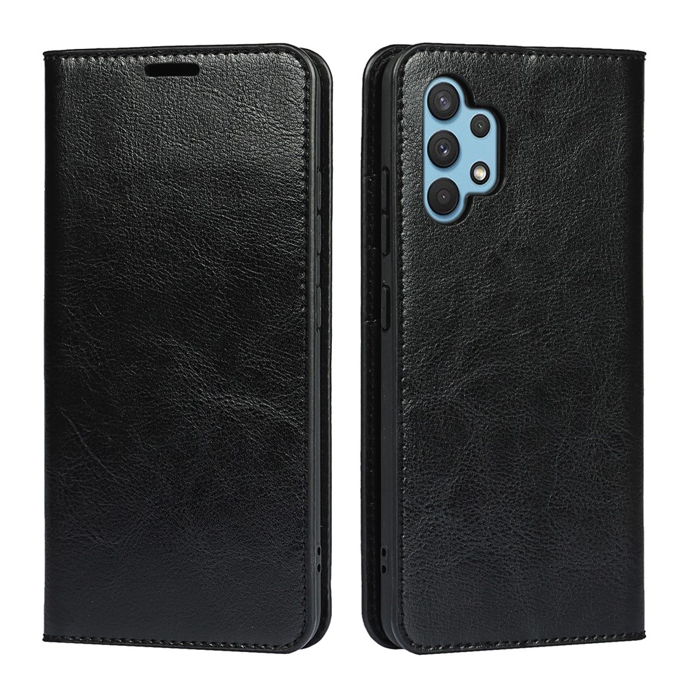 Crazy Horse Skin Genuine Leather Wallet Phone Case with Stand for Samsung Galaxy A32 4G - Black-1