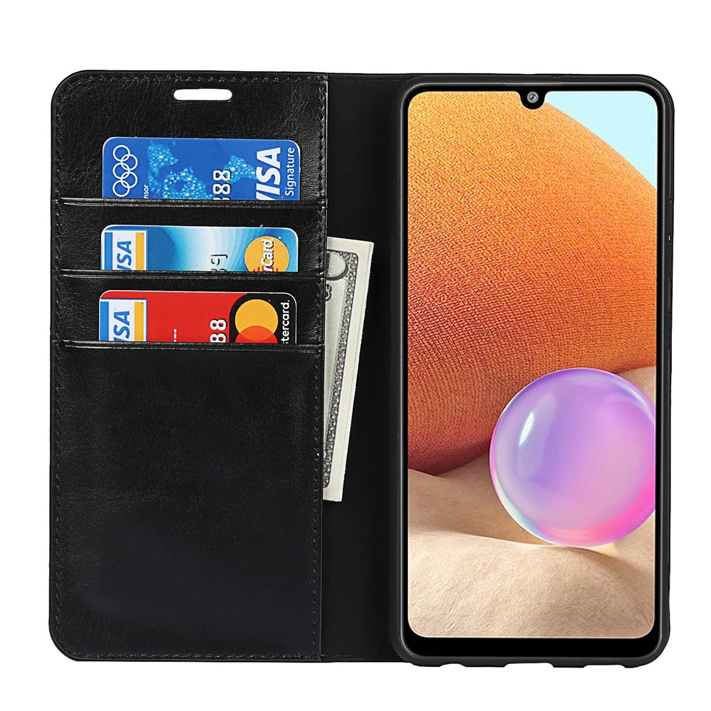 Crazy Horse Skin Genuine Leather Wallet Phone Case with Stand for Samsung Galaxy A32 4G - Black-4