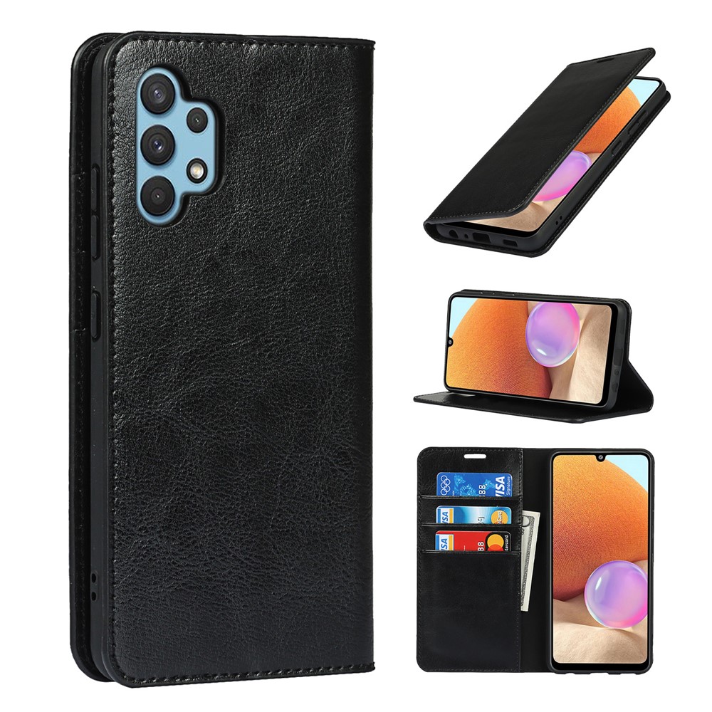 Crazy Horse Skin Genuine Leather Wallet Phone Case with Stand for Samsung Galaxy A32 4G - Black-9
