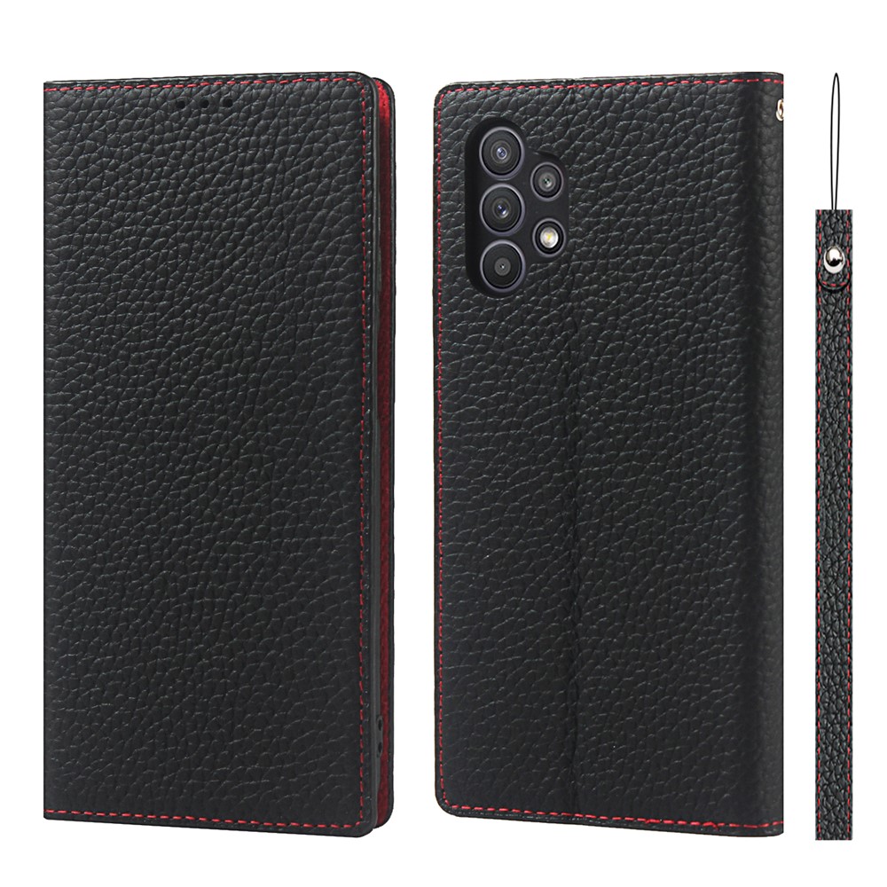 Genuine Leather Litchi Texture Wallet Stand Phone Case with Strap for Samsung Galaxy A32 5G - Black-1