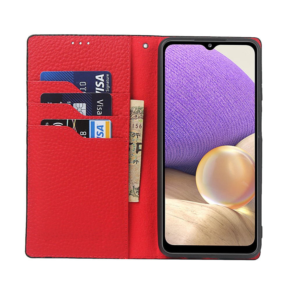 Genuine Leather Litchi Texture Wallet Stand Phone Case with Strap for Samsung Galaxy A32 5G - Black-4
