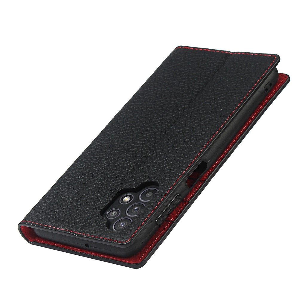 Genuine Leather Litchi Texture Wallet Stand Phone Case with Strap for Samsung Galaxy A32 5G - Black-6