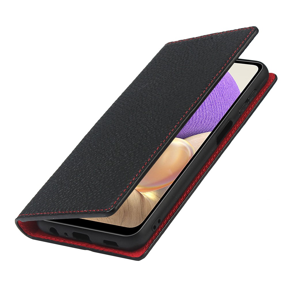 Genuine Leather Litchi Texture Wallet Stand Phone Case with Strap for Samsung Galaxy A32 5G - Black-7