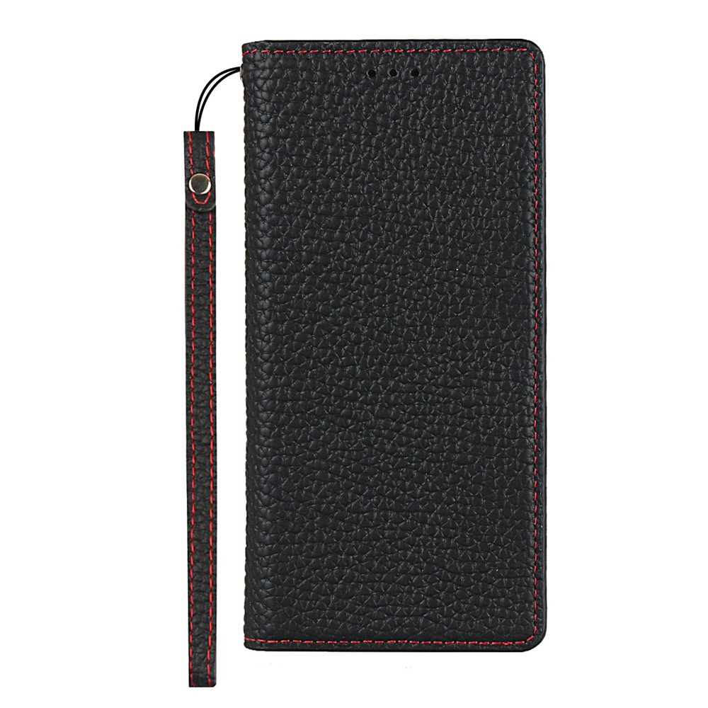 Genuine Leather Litchi Texture Wallet Stand Phone Case with Strap for Samsung Galaxy A32 5G - Black-9