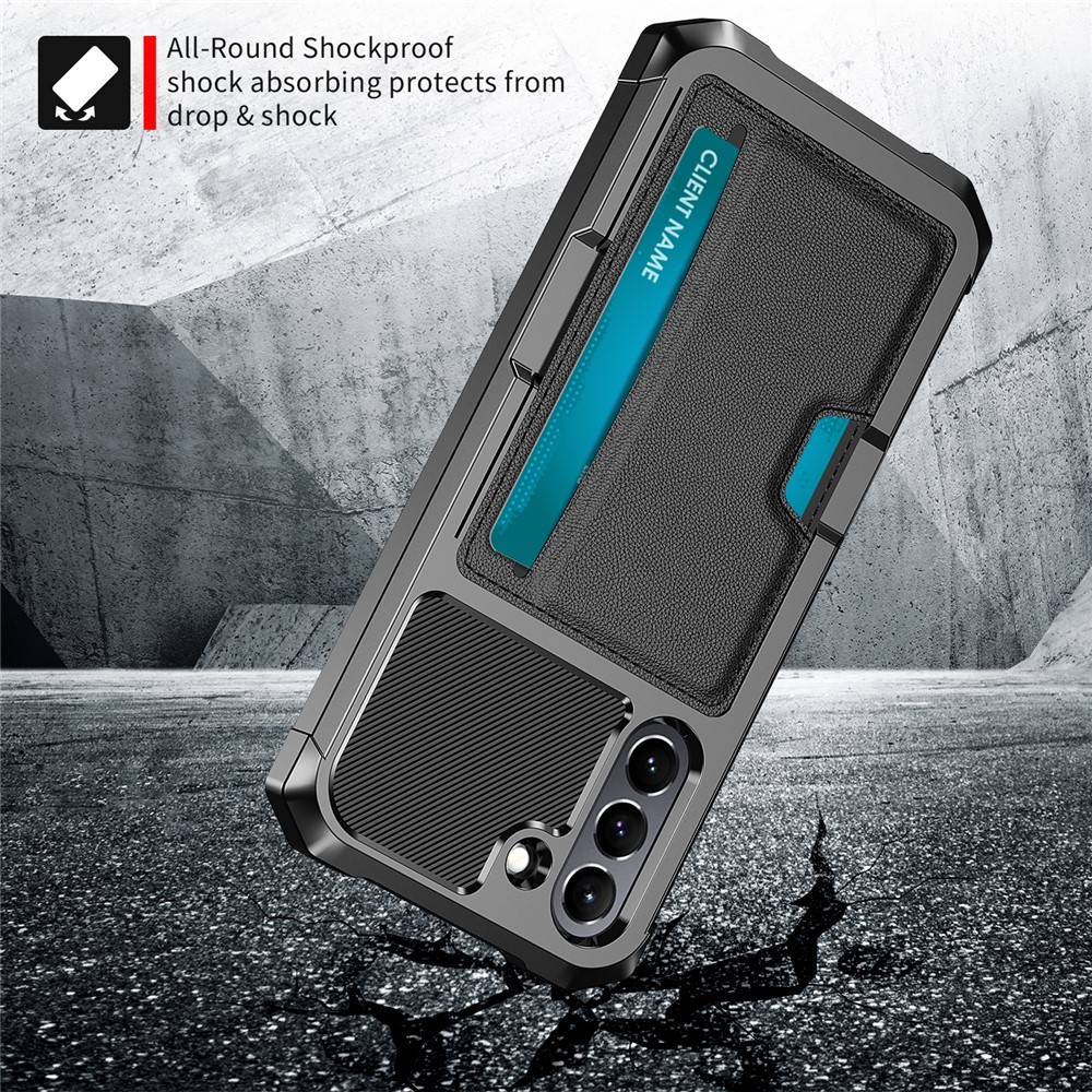 ZM02 PU Leather Coated PC + TPU Built-in Magnetic Holder Metal Sheet Case for Samsung Galaxy S21 FE - Black-4