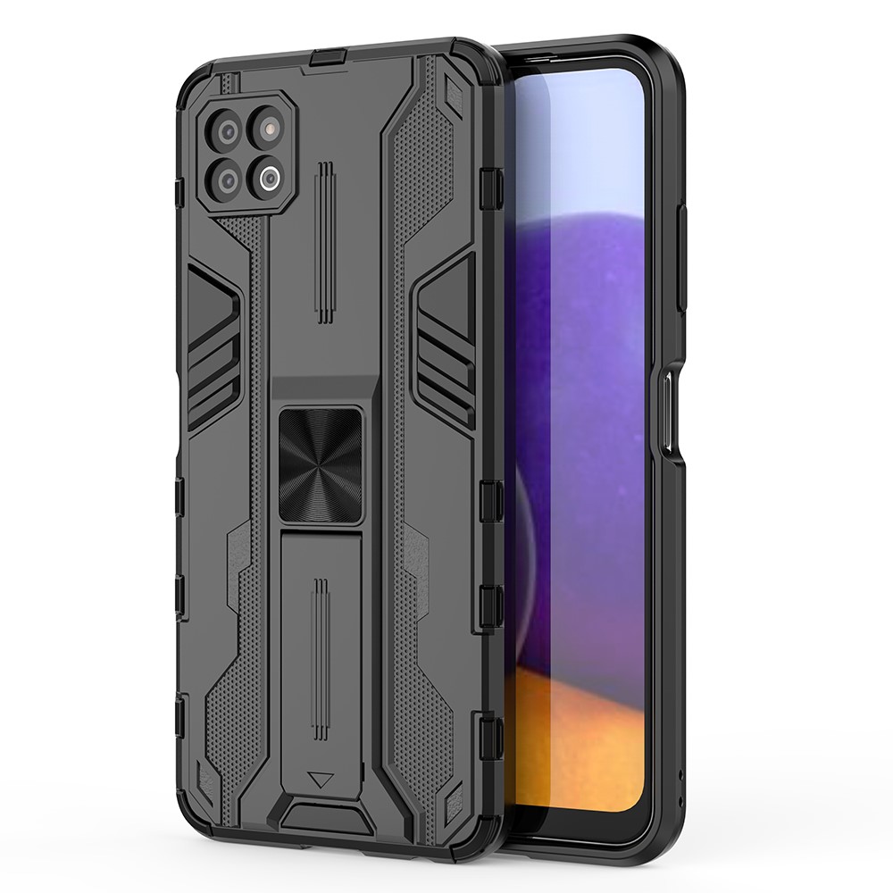 Full-Body Shockproof Protection Hard Plastic + TPU Rubber Dual Layer Hybrid Case with Fold Kickstand for Samsung Galaxy A22 5G (EU Version) - Black-1