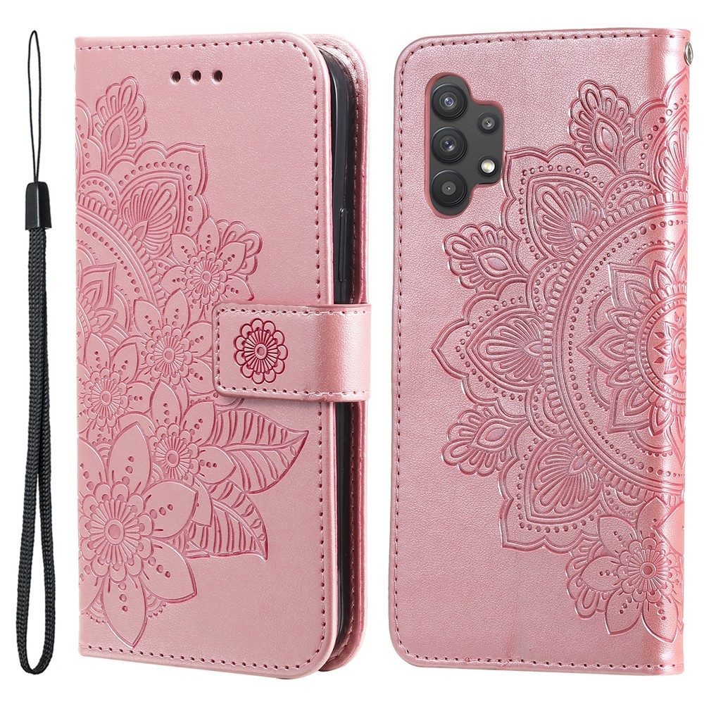 PU Leather Imprint Flowers Pattern Wallet Phone Case with Lanyard for Samsung Galaxy A32 4G (EU Version) - Rose Gold-1