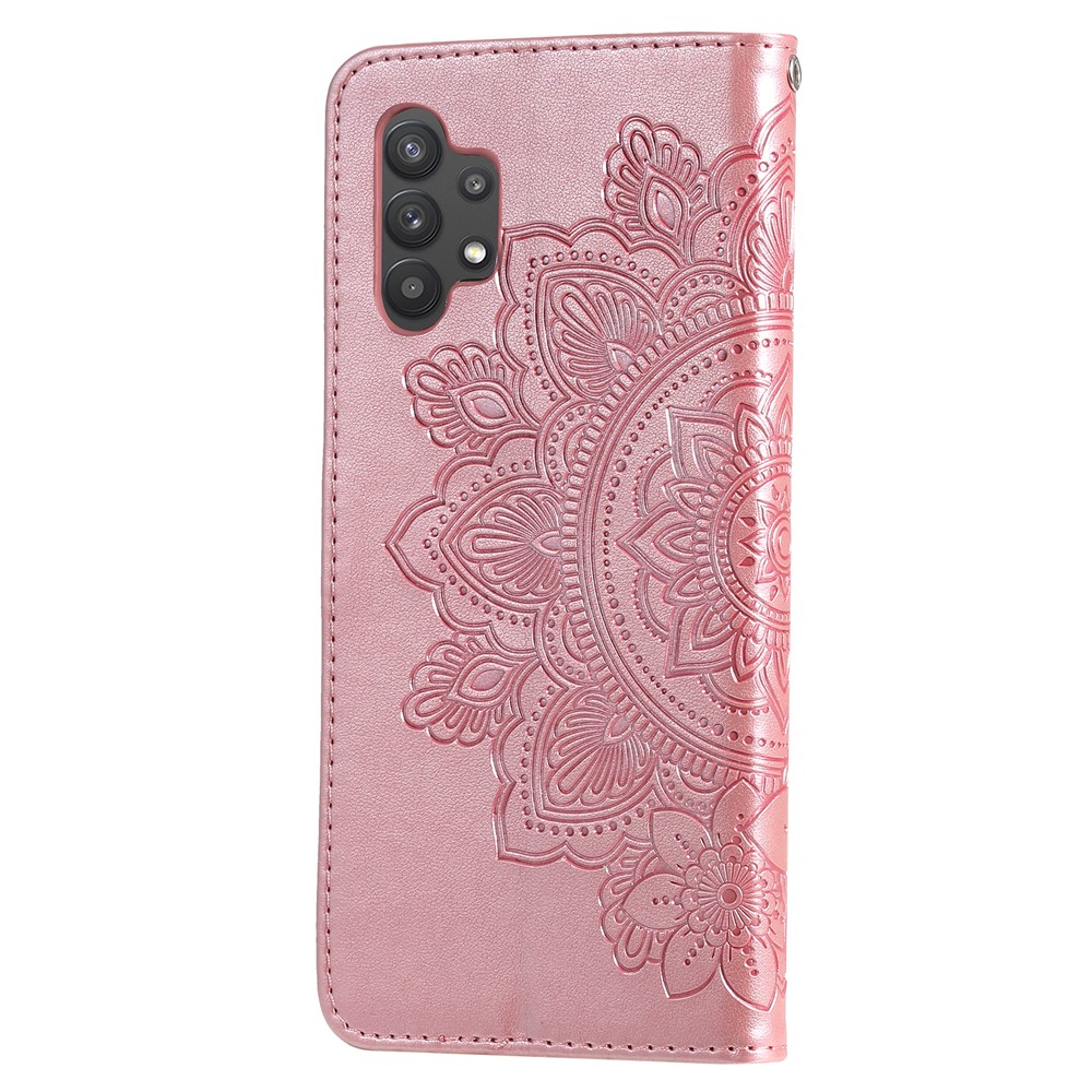 PU Leather Imprint Flowers Pattern Wallet Phone Case with Lanyard for Samsung Galaxy A32 4G (EU Version) - Rose Gold-10