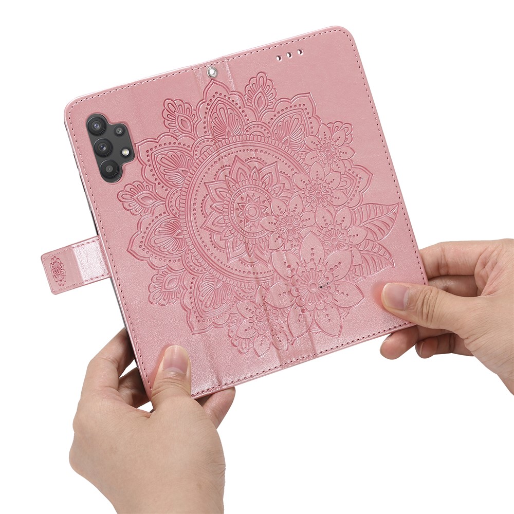 PU Leather Imprint Flowers Pattern Wallet Phone Case with Lanyard for Samsung Galaxy A32 4G (EU Version) - Rose Gold-13