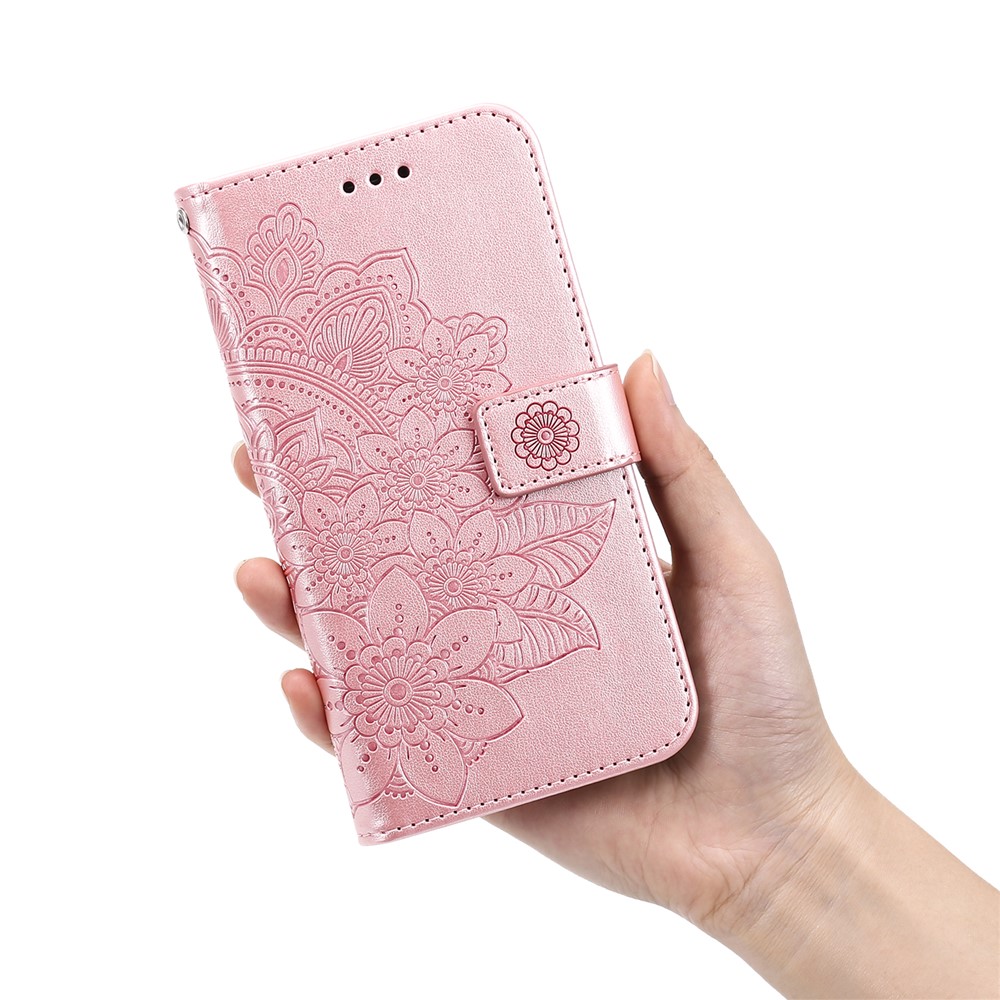 PU Leather Imprint Flowers Pattern Wallet Phone Case with Lanyard for Samsung Galaxy A32 4G (EU Version) - Rose Gold-14