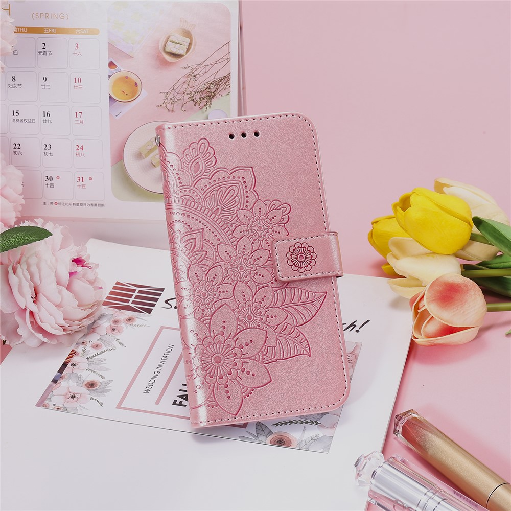 PU Leather Imprint Flowers Pattern Wallet Phone Case with Lanyard for Samsung Galaxy A32 4G (EU Version) - Rose Gold-15