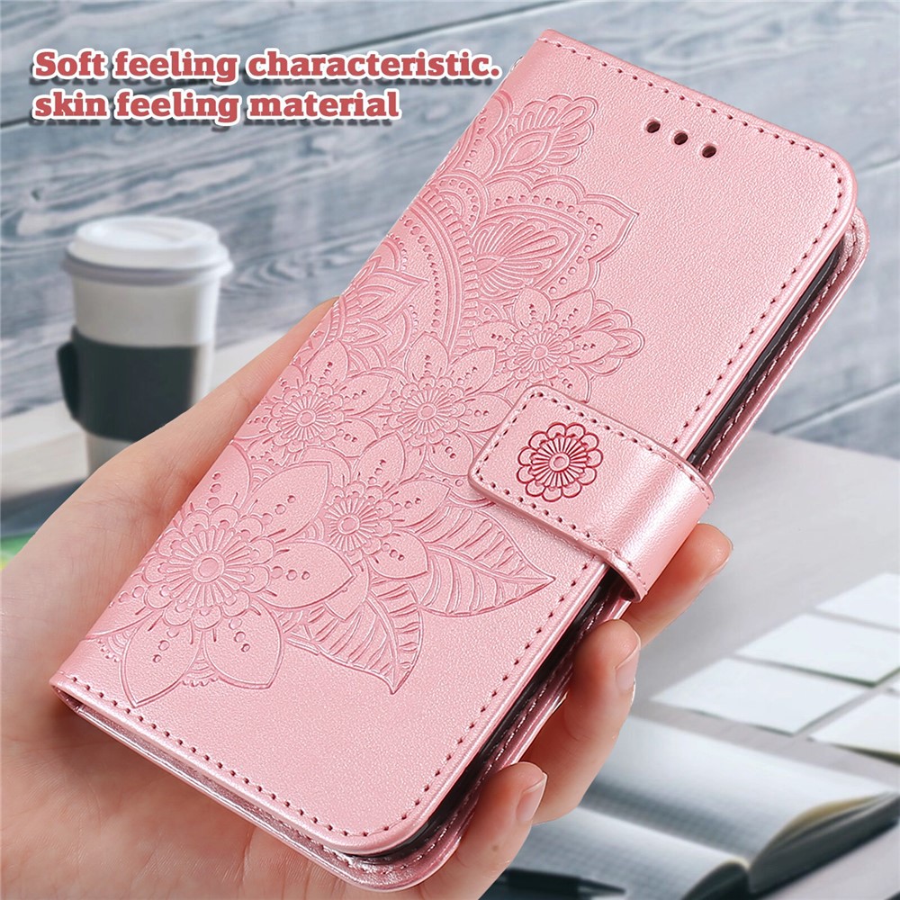 PU Leather Imprint Flowers Pattern Wallet Phone Case with Lanyard for Samsung Galaxy A32 4G (EU Version) - Rose Gold-3