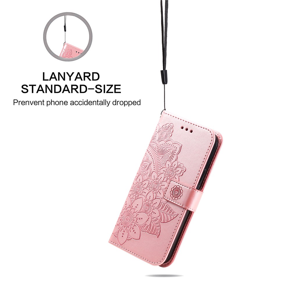 PU Leather Imprint Flowers Pattern Wallet Phone Case with Lanyard for Samsung Galaxy A32 4G (EU Version) - Rose Gold-4