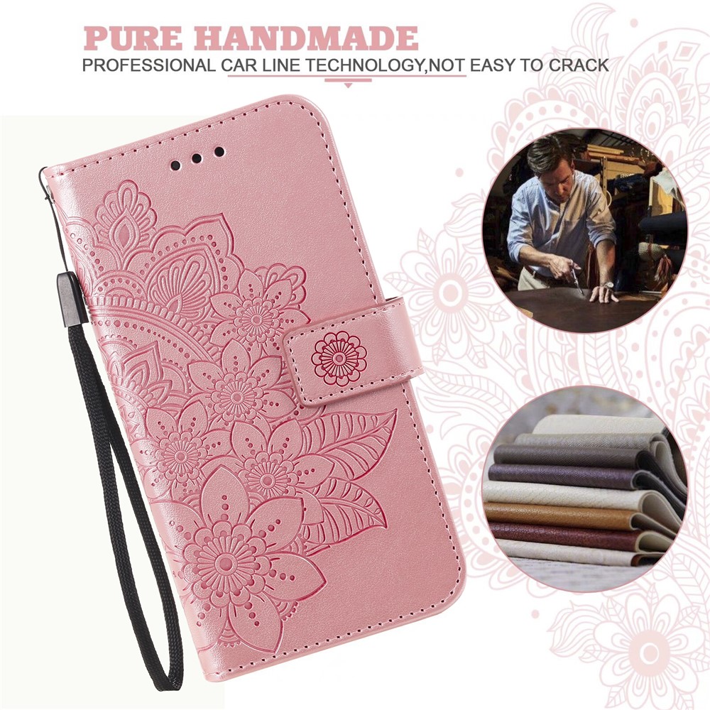 PU Leather Imprint Flowers Pattern Wallet Phone Case with Lanyard for Samsung Galaxy A32 4G (EU Version) - Rose Gold-5