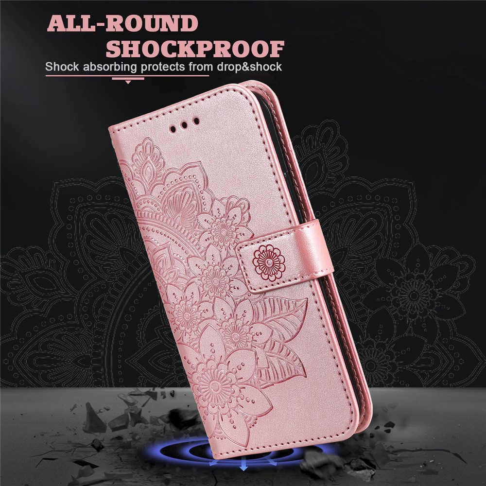 PU Leather Imprint Flowers Pattern Wallet Phone Case with Lanyard for Samsung Galaxy A32 4G (EU Version) - Rose Gold-6