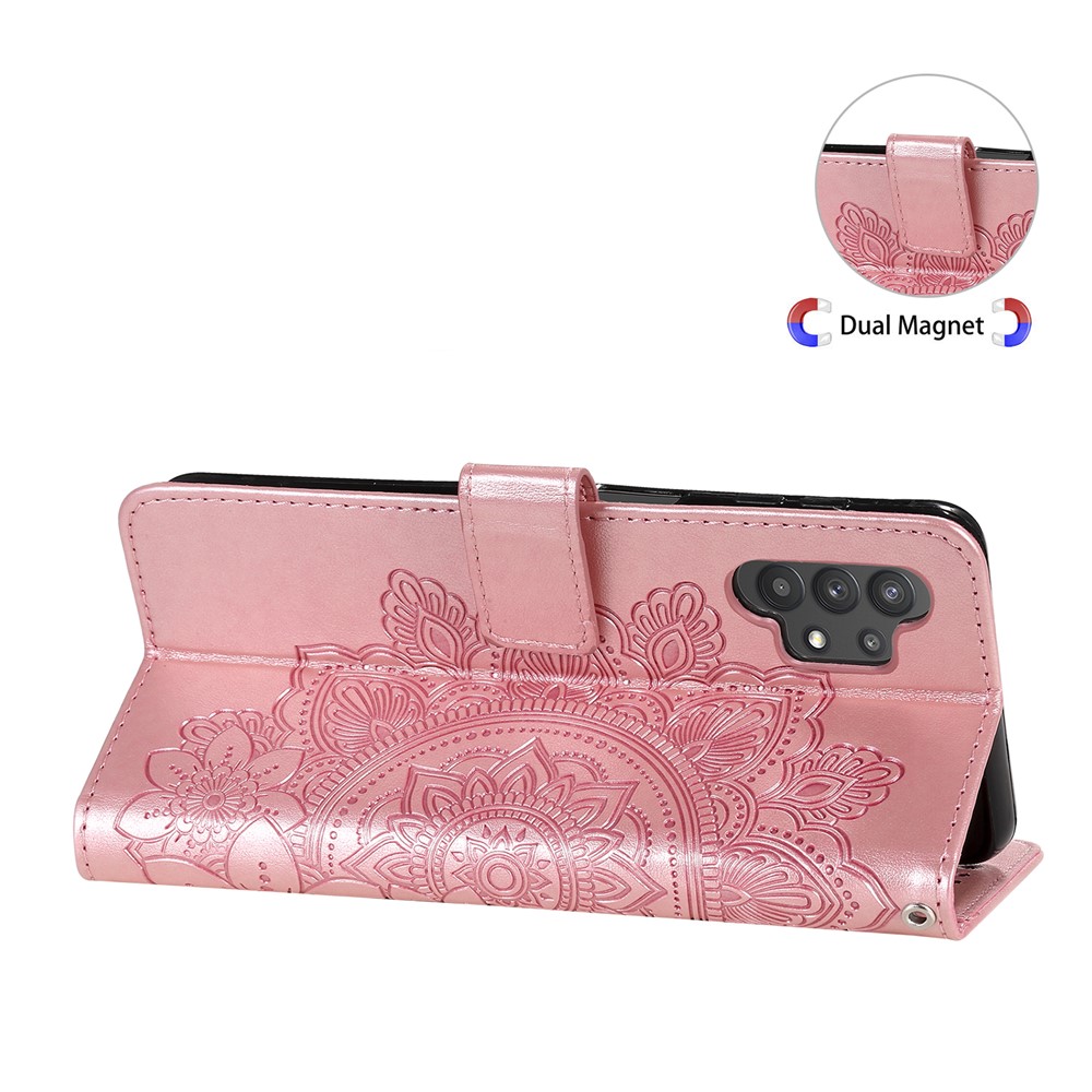 PU Leather Imprint Flowers Pattern Wallet Phone Case with Lanyard for Samsung Galaxy A32 4G (EU Version) - Rose Gold-7