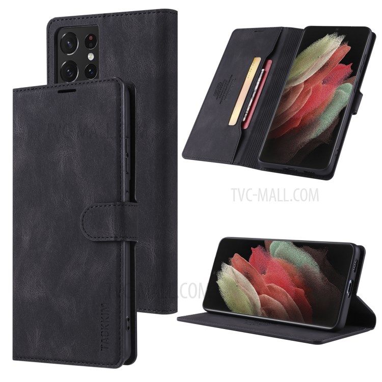 TAOKKIM Drop-Proof Wallet Leather Case Mobile Phone Cover with Stand for Samsung Galaxy S21 Ultra 5G - Black-6
