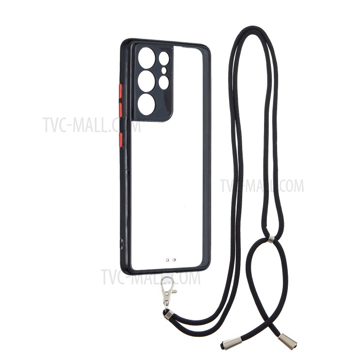 TPU + Acrylic Hybrid Case Transparent Protective Phone Shell with Lanyard for Samsung Galaxy S21 Ultra 5G - Black-1