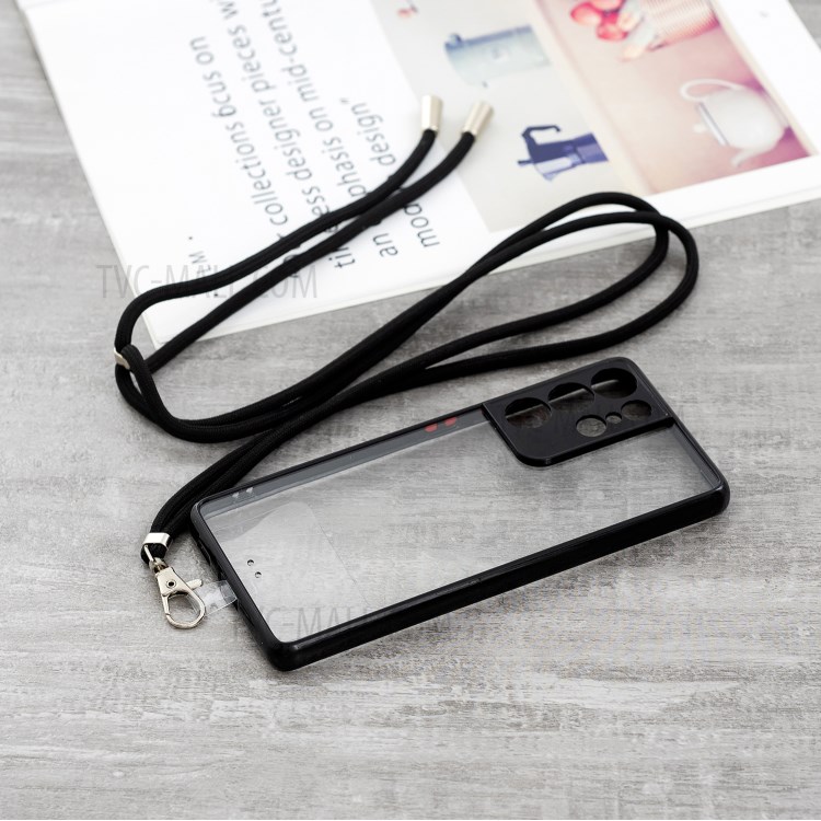 TPU + Acrylic Hybrid Case Transparent Protective Phone Shell with Lanyard for Samsung Galaxy S21 Ultra 5G - Black-2