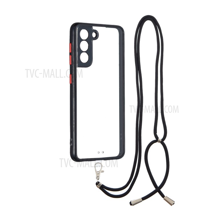 Shockproof Anti-Scratch Acrylic Hard Back Panel + Soft TPU Bumper Protective Phone Case with Lanyard for Samsung Galaxy S21 5G - Black-1