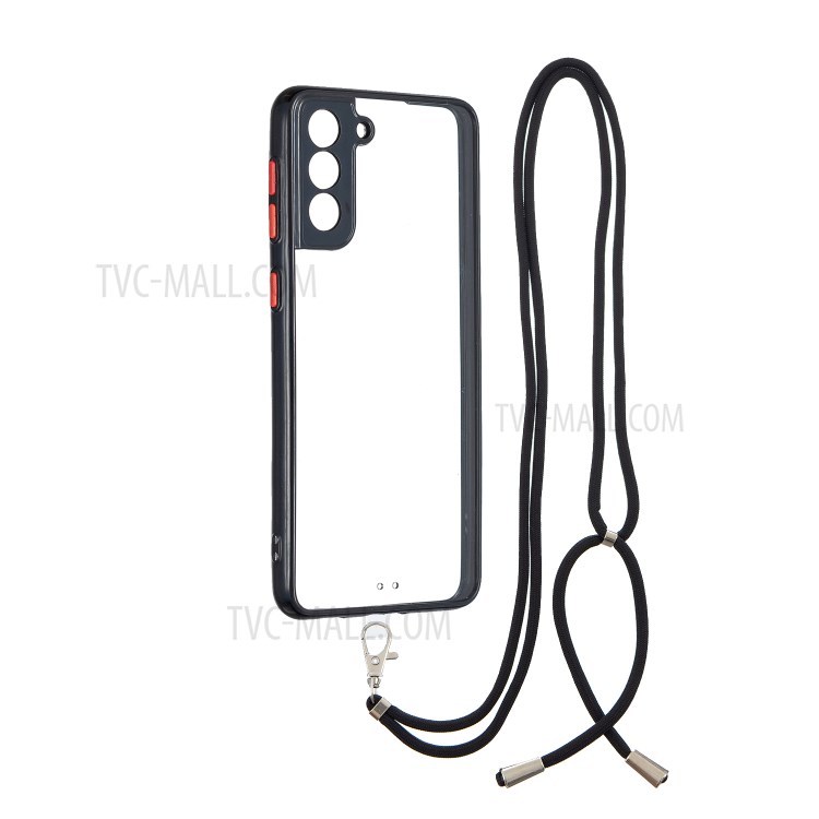 Crystal Clear Non-Yellowing Precise Cut-out TPU Acrylic Hybrid Cell Phone Case with Lanyard for Samsung Galaxy S21+ 5G - Black-1