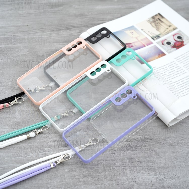 Crystal Clear Non-Yellowing Precise Cut-out TPU Acrylic Hybrid Cell Phone Case with Lanyard for Samsung Galaxy S21+ 5G - Black-5