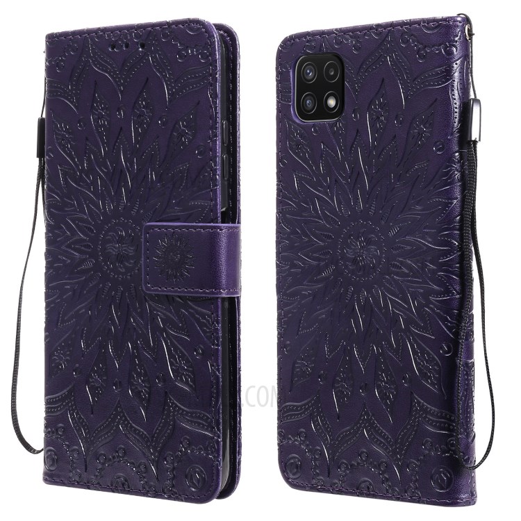 Sun Imprint PU Leather Well-protected Wallet Phone Stand Cover for Samsung Galaxy A22 5G (EU Version) - Purple-1