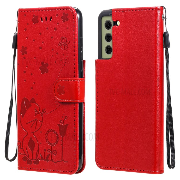 Folio Flip Cat Flower Imprint PU Leather Wallet Mobile Phone Stand Case for Samsung Galaxy S21 FE - Red-1