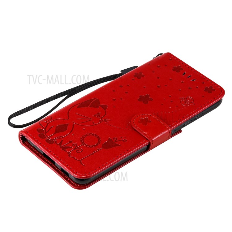 Folio Flip Cat Flower Imprint PU Leather Wallet Mobile Phone Stand Case for Samsung Galaxy S21 FE - Red-10