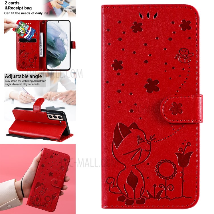 Folio Flip Cat Flower Imprint PU Leather Wallet Mobile Phone Stand Case for Samsung Galaxy S21 FE - Red-14