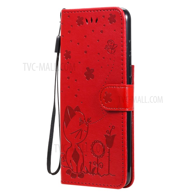 Folio Flip Cat Flower Imprint PU Leather Wallet Mobile Phone Stand Case for Samsung Galaxy S21 FE - Red-2