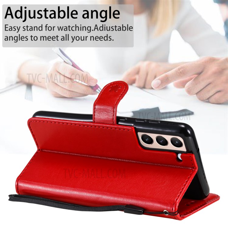 Folio Flip Cat Flower Imprint PU Leather Wallet Mobile Phone Stand Case for Samsung Galaxy S21 FE - Red-4