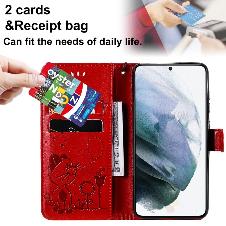 Folio Flip Cat Flower Imprint PU Leather Wallet Mobile Phone Stand Case for Samsung Galaxy S21 FE - Red-5