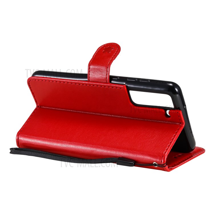 Folio Flip Cat Flower Imprint PU Leather Wallet Mobile Phone Stand Case for Samsung Galaxy S21 FE - Red-6