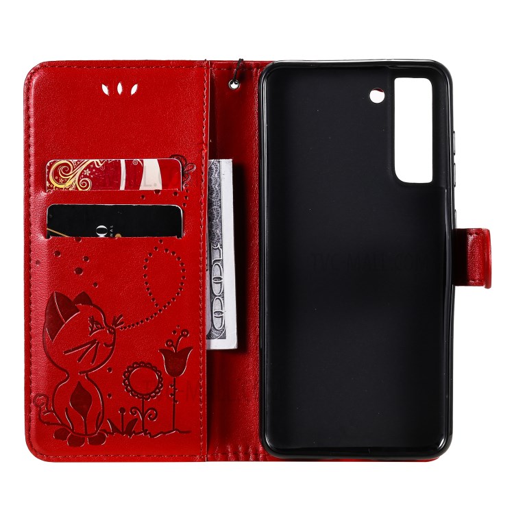 Folio Flip Cat Flower Imprint PU Leather Wallet Mobile Phone Stand Case for Samsung Galaxy S21 FE - Red-7