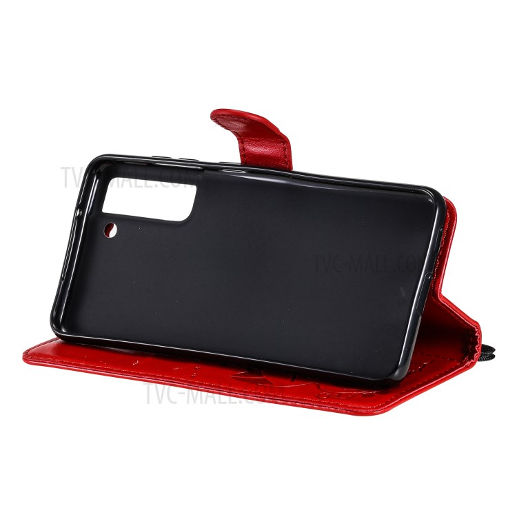 Folio Flip Cat Flower Imprint PU Leather Wallet Mobile Phone Stand Case for Samsung Galaxy S21 FE - Red-9