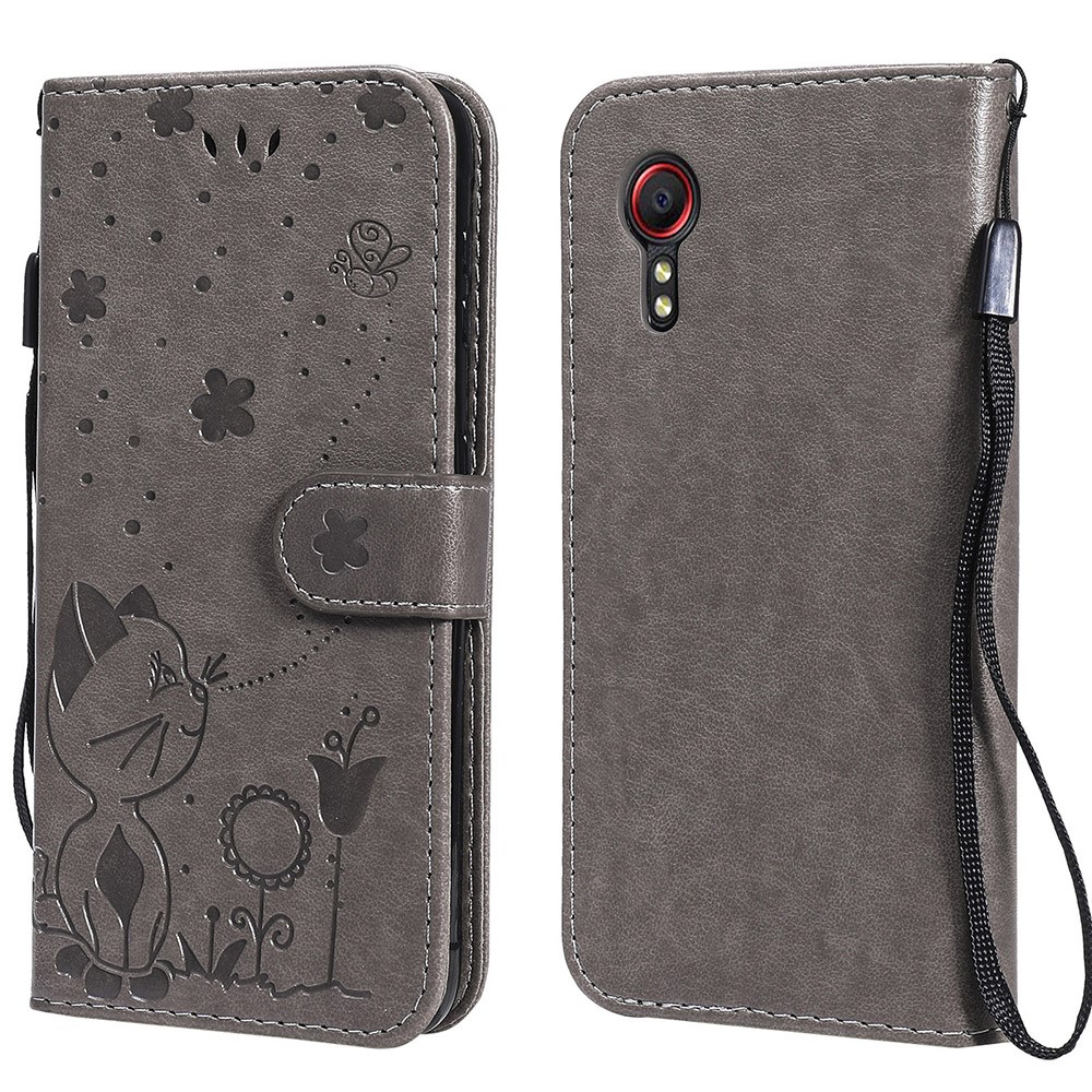 Magnetic Closing Cat and Bee Pattern Imprinting Leather Wallet Stand Case for Samsung Galaxy Xcover 5 - Grey-1
