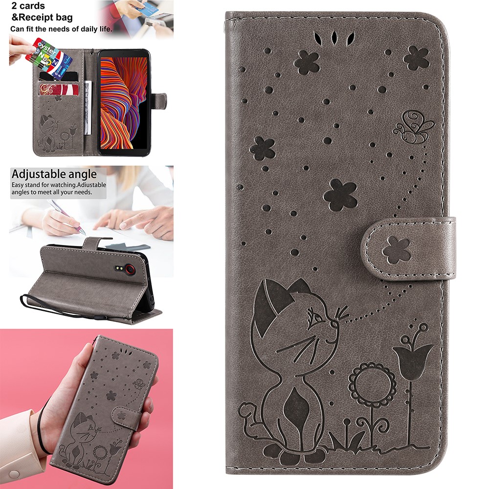 Magnetic Closing Cat and Bee Pattern Imprinting Leather Wallet Stand Case for Samsung Galaxy Xcover 5 - Grey-14