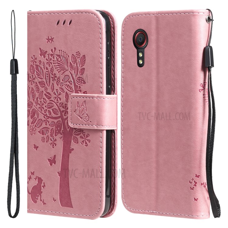 Imprinted Cat Tree Leather Coated TPU Card Holder Case with Kickstand for Samsung Galaxy Xcover 5 - Pink-1