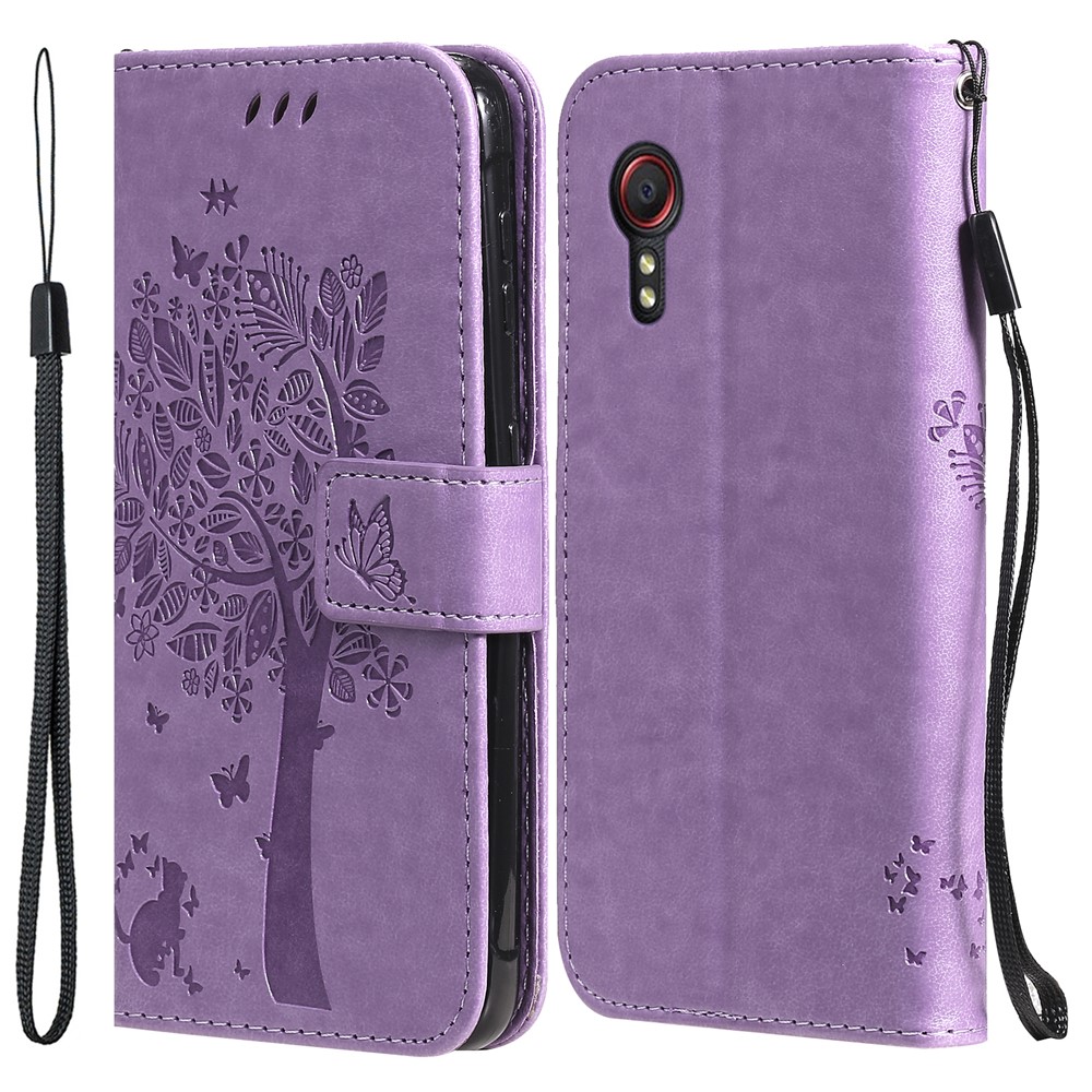 Imprinted Cat Tree Leather Coated TPU Card Holder Case with Kickstand for Samsung Galaxy Xcover 5 - Light Purple-1