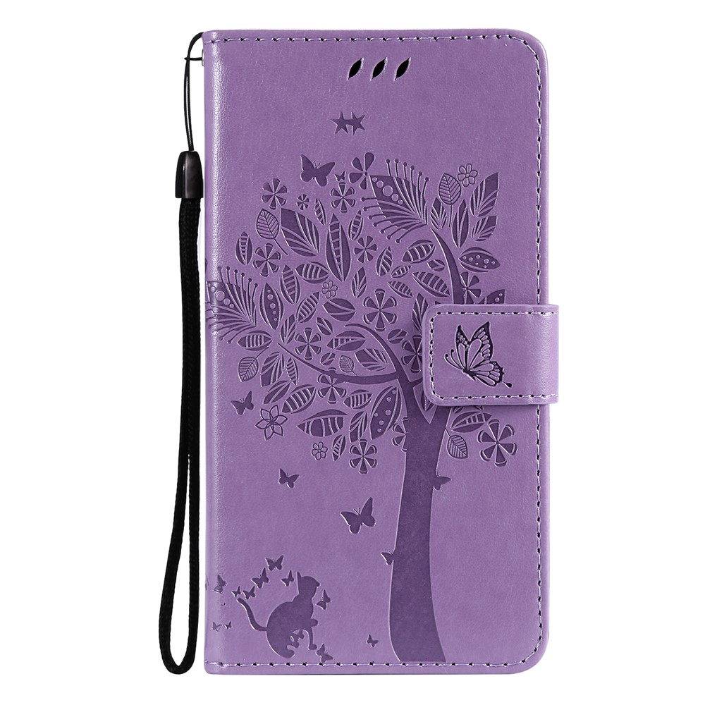Imprinted Cat Tree Leather Coated TPU Card Holder Case with Kickstand for Samsung Galaxy Xcover 5 - Light Purple-2