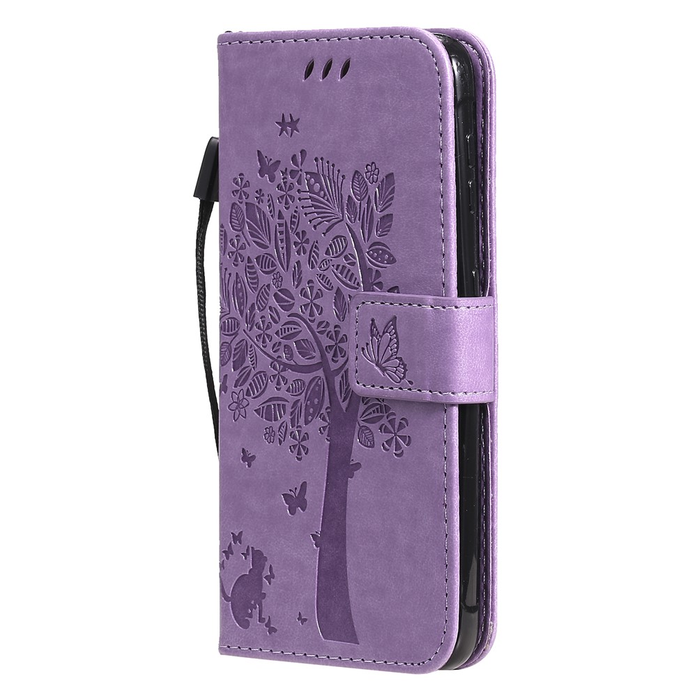 Imprinted Cat Tree Leather Coated TPU Card Holder Case with Kickstand for Samsung Galaxy Xcover 5 - Light Purple-3