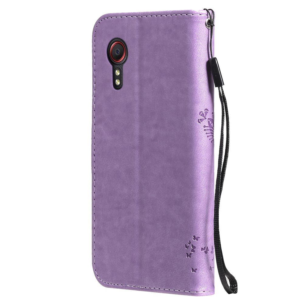 Imprinted Cat Tree Leather Coated TPU Card Holder Case with Kickstand for Samsung Galaxy Xcover 5 - Light Purple-4