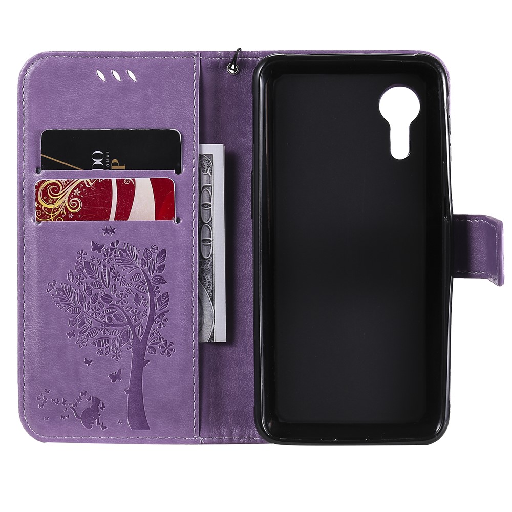 Imprinted Cat Tree Leather Coated TPU Card Holder Case with Kickstand for Samsung Galaxy Xcover 5 - Light Purple-7