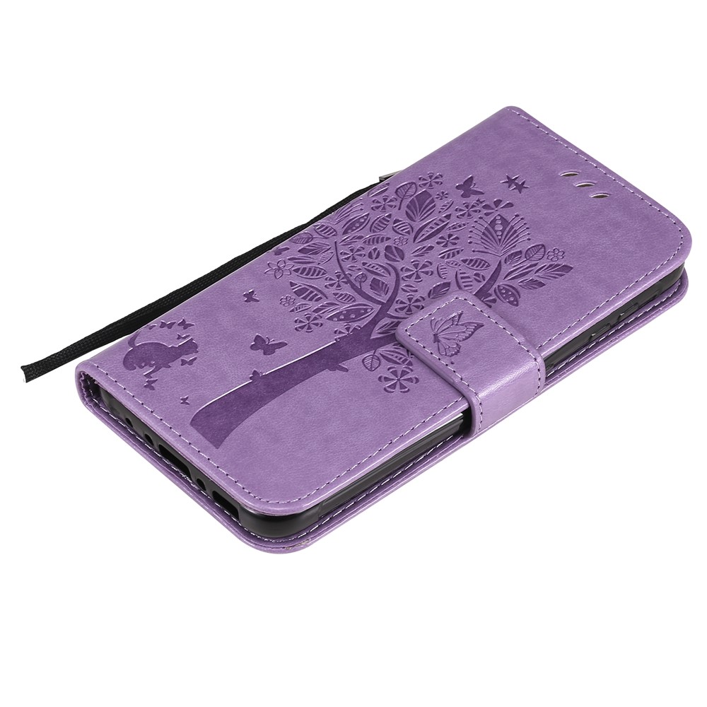 Imprinted Cat Tree Leather Coated TPU Card Holder Case with Kickstand for Samsung Galaxy Xcover 5 - Light Purple-8