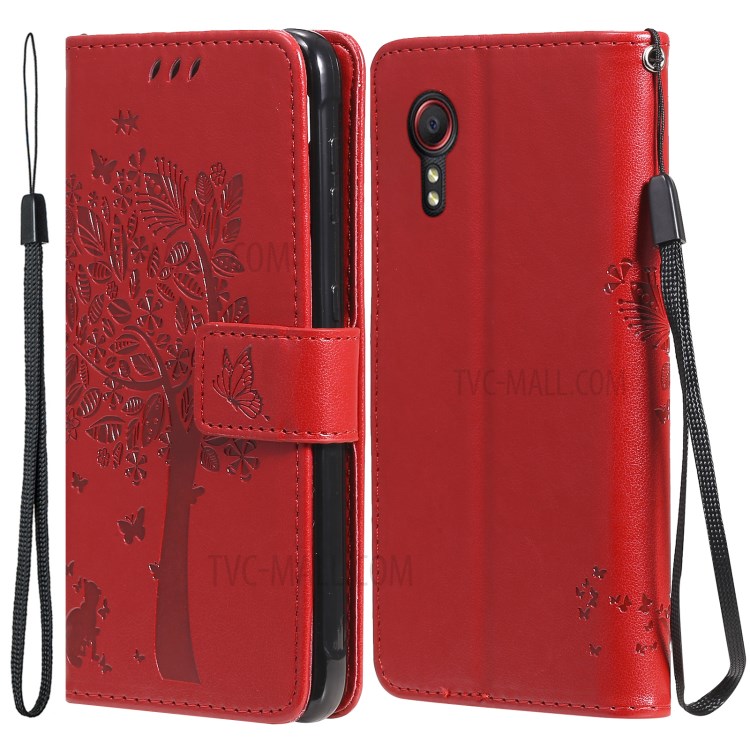 Imprinted Cat Tree Leather Coated TPU Card Holder Case with Kickstand for Samsung Galaxy Xcover 5 - Red-1