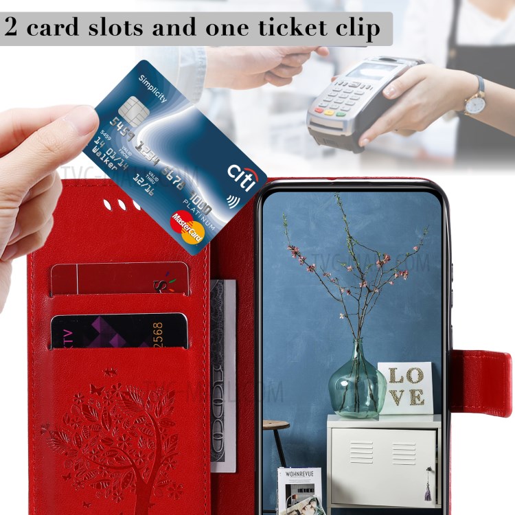 Imprinted Cat Tree Leather Coated TPU Card Holder Case with Kickstand for Samsung Galaxy Xcover 5 - Red-2