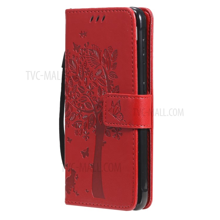Imprinted Cat Tree Leather Coated TPU Card Holder Case with Kickstand for Samsung Galaxy Xcover 5 - Red-4